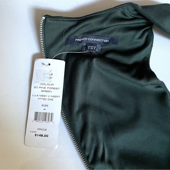 NWT French Connection Lula Mesh V Insert Fitted Dress Pine Forest Green Size 4 - Picture 9 of 10